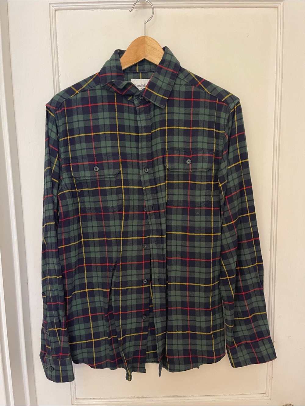 Goodfellow & Co Green Plaid Button-Down Shirt with Red and Yellow Windowpane